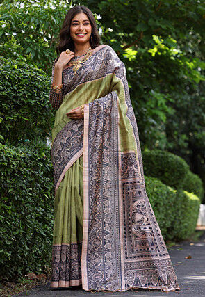 Digital Printed Tussar Silk Saree in Green