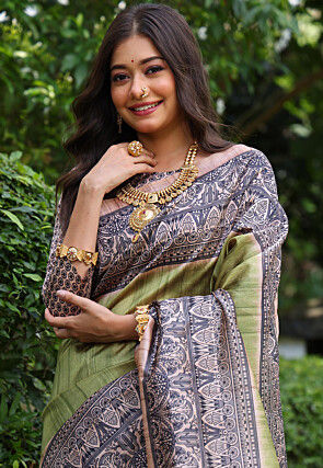 Digital Printed Tussar Silk Saree in Green