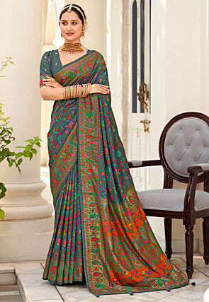 Digital Printed Tussar Silk Saree in Grey