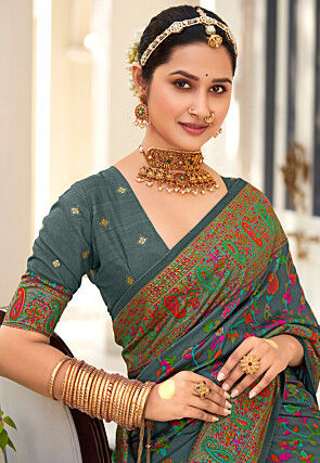 Digital Printed Tussar Silk Saree in Grey