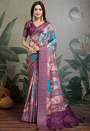 Digital Printed Tussar Silk Saree in Multicolor
