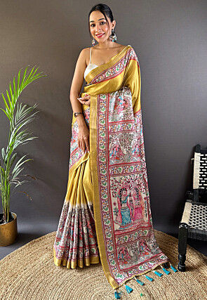 Digital Printed Tussar Silk Saree in Mustard