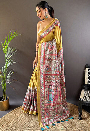 Digital Printed Tussar Silk Saree in Mustard