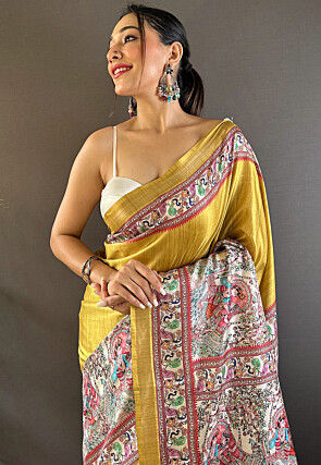 Digital Printed Tussar Silk Saree in Mustard