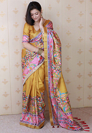 Digital Printed Tussar Silk Saree in Mustard