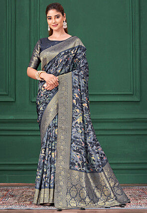 Digital Printed Tussar Silk Saree in Navy Blue