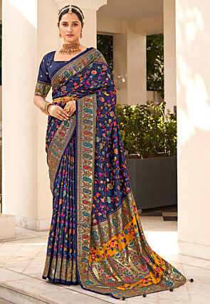 Digital Printed Tussar Silk Saree in Navy Blue