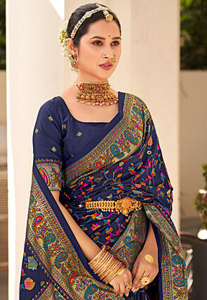 Digital Printed Tussar Silk Saree in Navy Blue