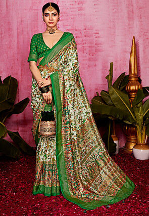 Digital Printed Tussar Silk Saree in Off White