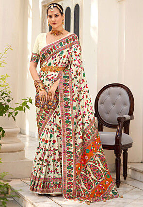 Digital Printed Tussar Silk Saree in Off White