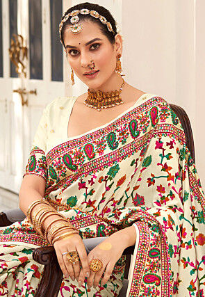 Digital Printed Tussar Silk Saree in Off White