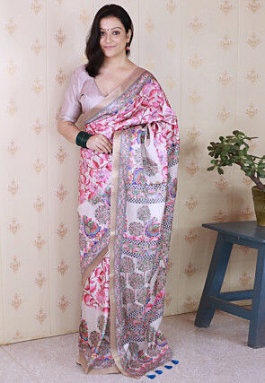 Digital Printed Tussar Silk Saree in Off White