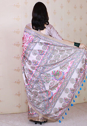 Digital Printed Tussar Silk Saree in Off White