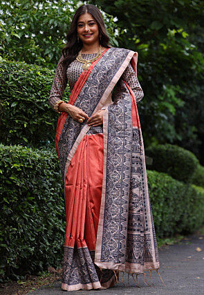 Digital Printed Tussar Silk Saree in Orange