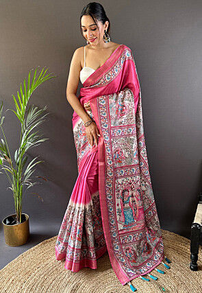 Digital Printed Tussar Silk Saree in Pink