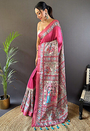 Digital Printed Tussar Silk Saree in Pink