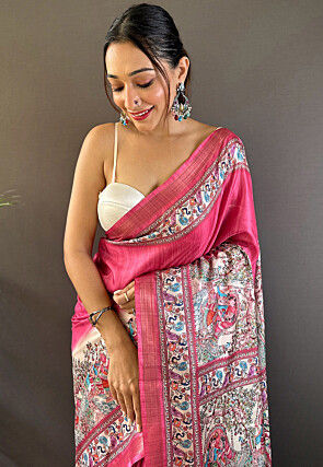 Digital Printed Tussar Silk Saree in Pink