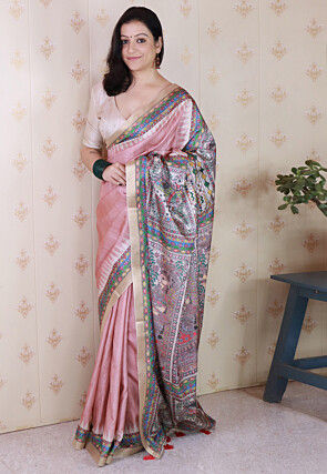Madhubani Printed Tussar Silk Saree in Pink