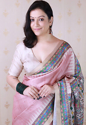 Madhubani Printed Tussar Silk Saree in Pink