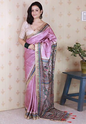 Madhubani Printed Tussar Silk Saree in Purple