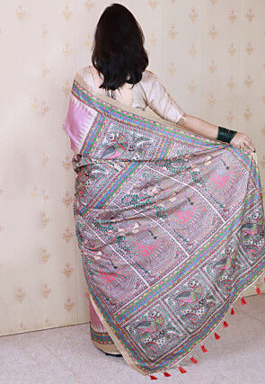 Madhubani Printed Tussar Silk Saree in Purple