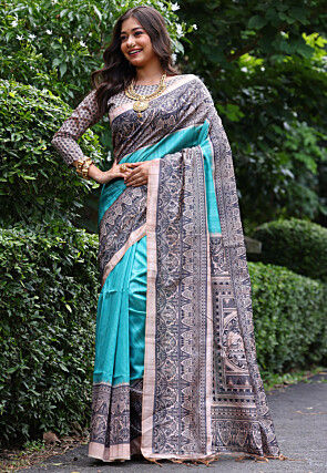 Digital Printed Tussar Silk Saree in Sky Blue