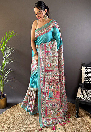 Digital Printed Tussar Silk Saree in Sky Blue