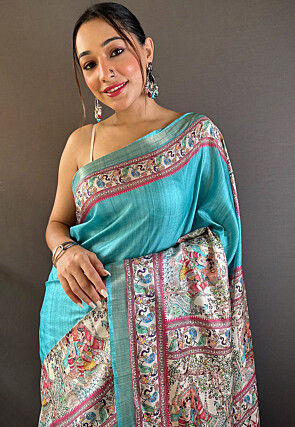 Digital Printed Tussar Silk Saree in Sky Blue