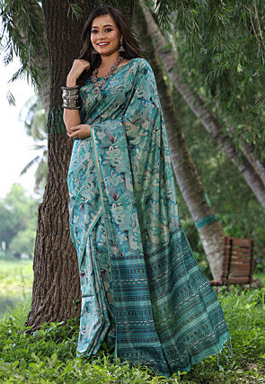 Digital Printed Tussar Silk Saree in Teal Blue