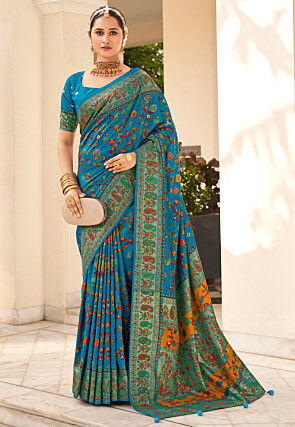 Digital Printed Tussar Silk Saree in Teal Blue
