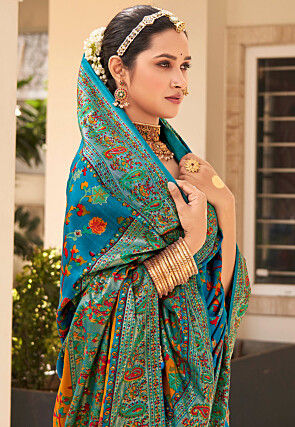 Digital Printed Tussar Silk Saree in Teal Blue