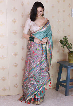 Madhubani Printed Tussar Silk Saree in Teal Green