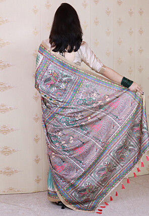 Madhubani Printed Tussar Silk Saree in Teal Green