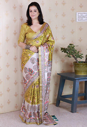 Digital Printed Tussar Silk Saree in Yellow
