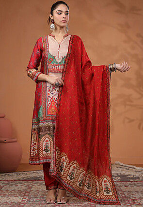 Digital Printed Tussar Slub Pakistani Suit in Red