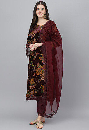Digital Printed Velvet Brasso Pakistani Suit in Maroon