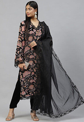 Digital Printed Velvet Brasso Punjabi Suit in Black