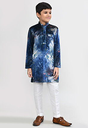 Digital Printed Velvet Kurta Set in Navy Blue