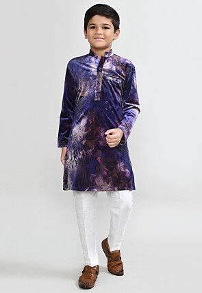 Digital Printed Velvet Kurta Set in Purple