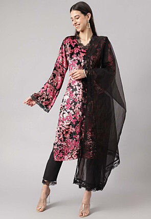 Digital Printed Velvet Pakistani Suit in Black and Pink