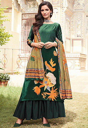 Digital Printed Velvet Pakistani Suit in Dark Green