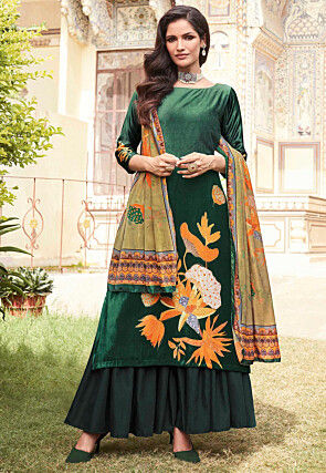 Digital Printed Velvet Pakistani Suit in Dark Green