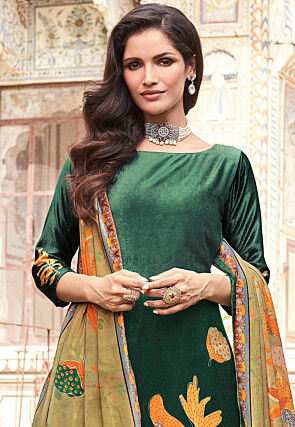 Digital Printed Velvet Pakistani Suit in Dark Green
