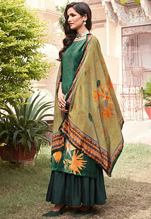 Digital Printed Velvet Pakistani Suit in Dark Green