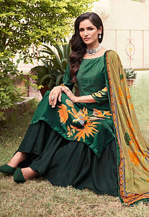 Digital Printed Velvet Pakistani Suit in Dark Green