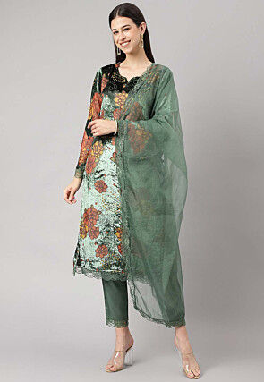 Digital Printed Velvet Pakistani Suit in Dusty Green