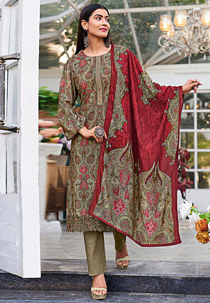 Digital Printed Velvet Pakistani Suit in Fawn