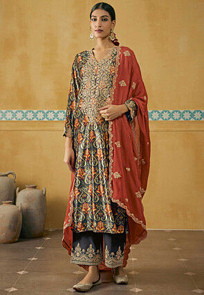 Digital Printed Velvet Pakistani Suit in Grey
