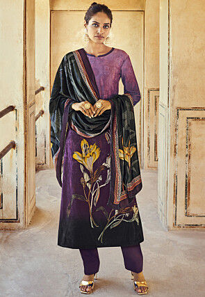 Digital Printed Velvet Pakistani Suit in Purple