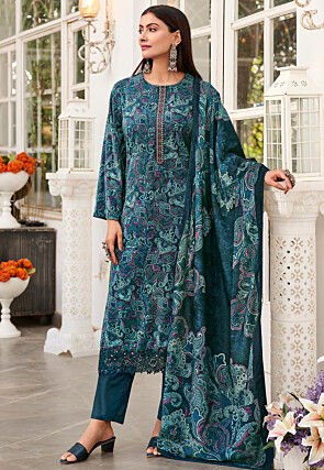 Digital Printed Velvet Pakistani Suit in Teal Blue